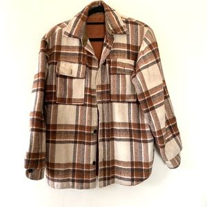 Vintage Fleece Lined Orange and Cream Plaid Open Coat Jacket Heavy Duty Sz Large